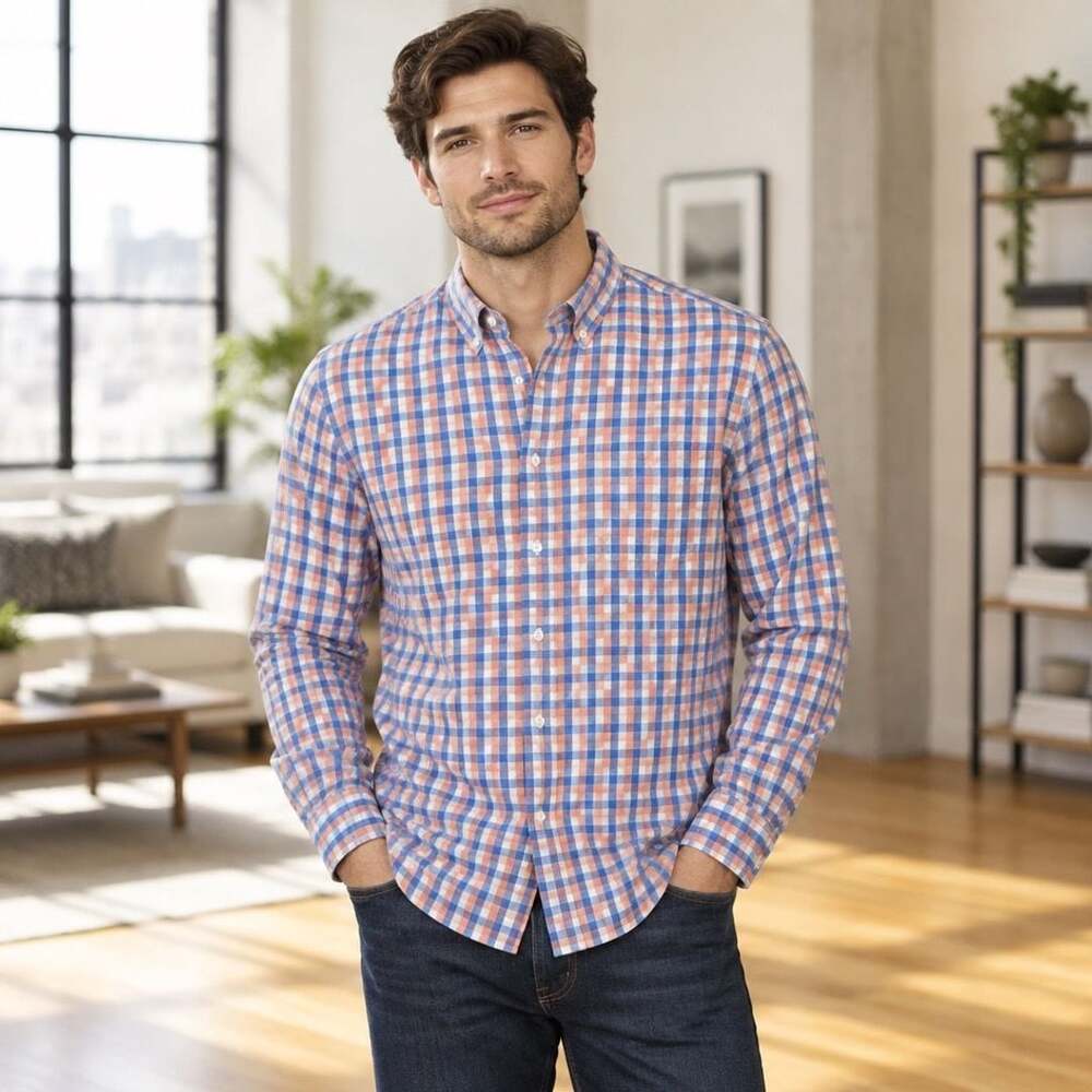 J.Crew Flex Washed Slim Shirt XXL Blue Coral Plaid Button Down